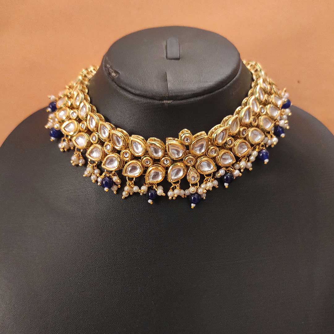 Dual sided wearable phool kundan choker set with royal blue pearl hanging