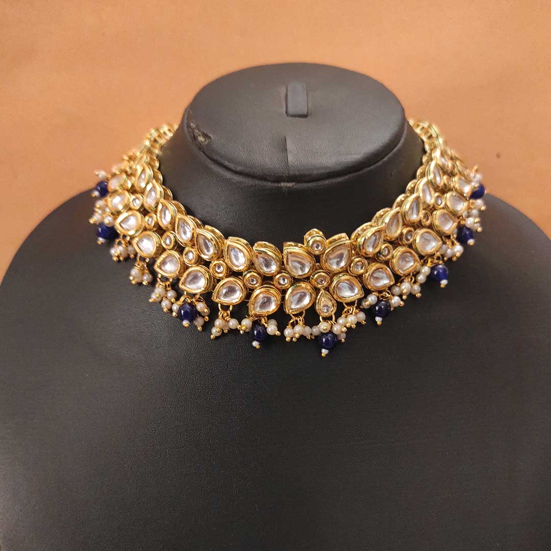 Dual sided wearable phool kundan choker set with royal blue pearl hanging