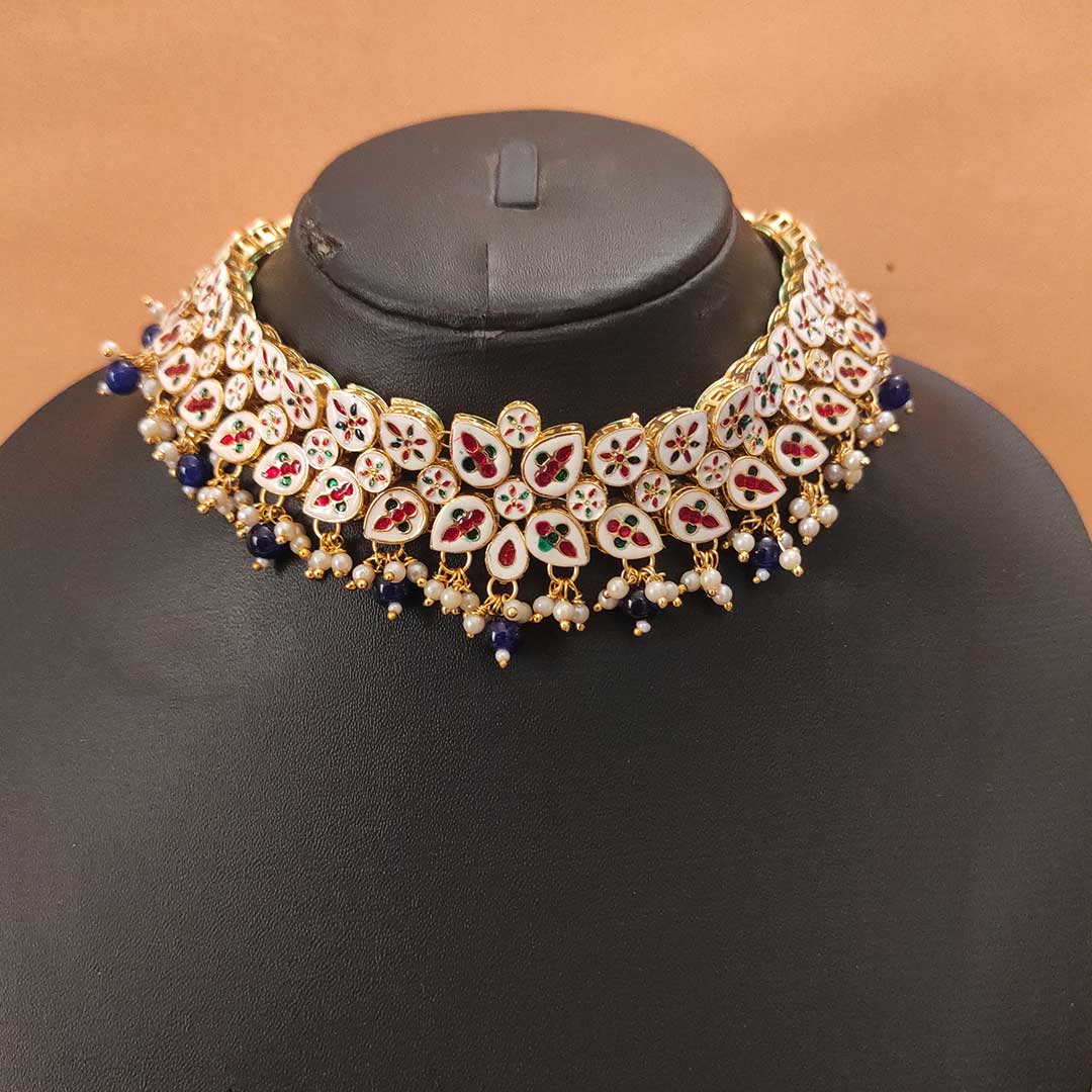 Dual sided wearable phool kundan choker set with royal blue pearl hanging