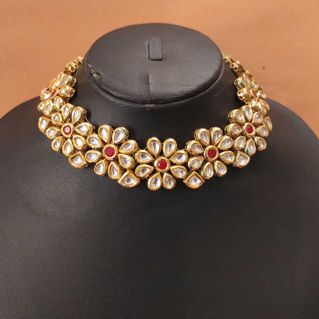 Flower kundan necklace set with backside meena kari