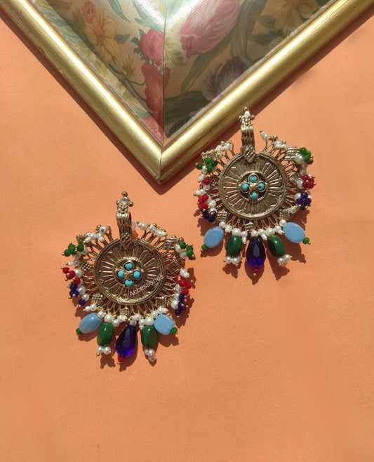 antique gold plated multi stone earrings