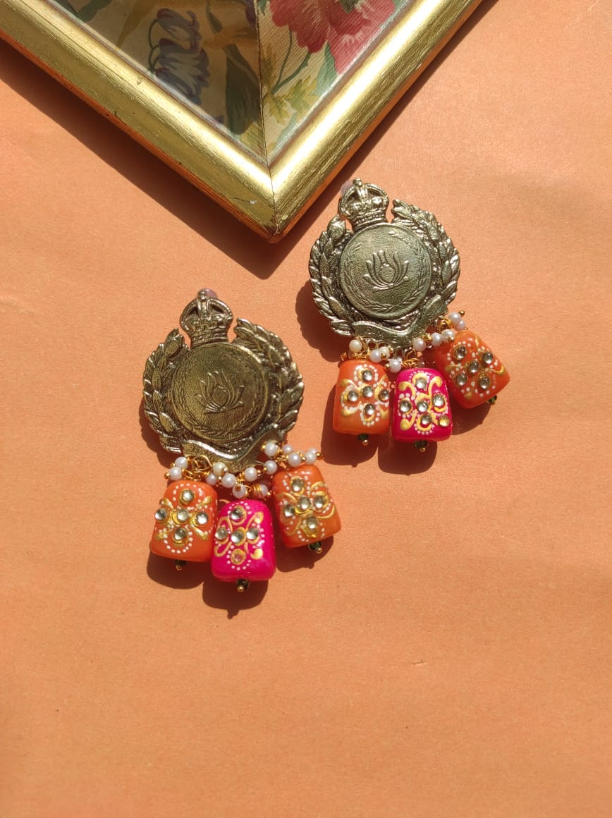 Antique lotus coin earrings with tumble beads hanging