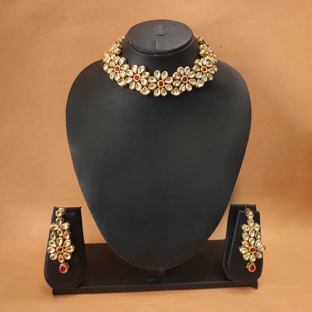 Flower kundan necklace set with backside meena kari