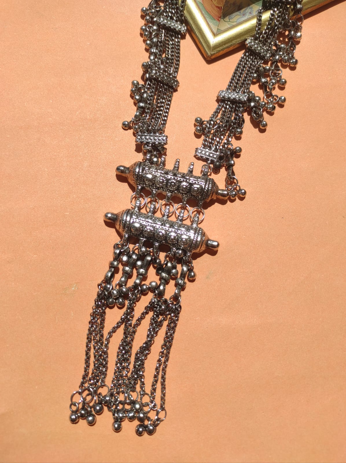 Oxidized german silver layered mala