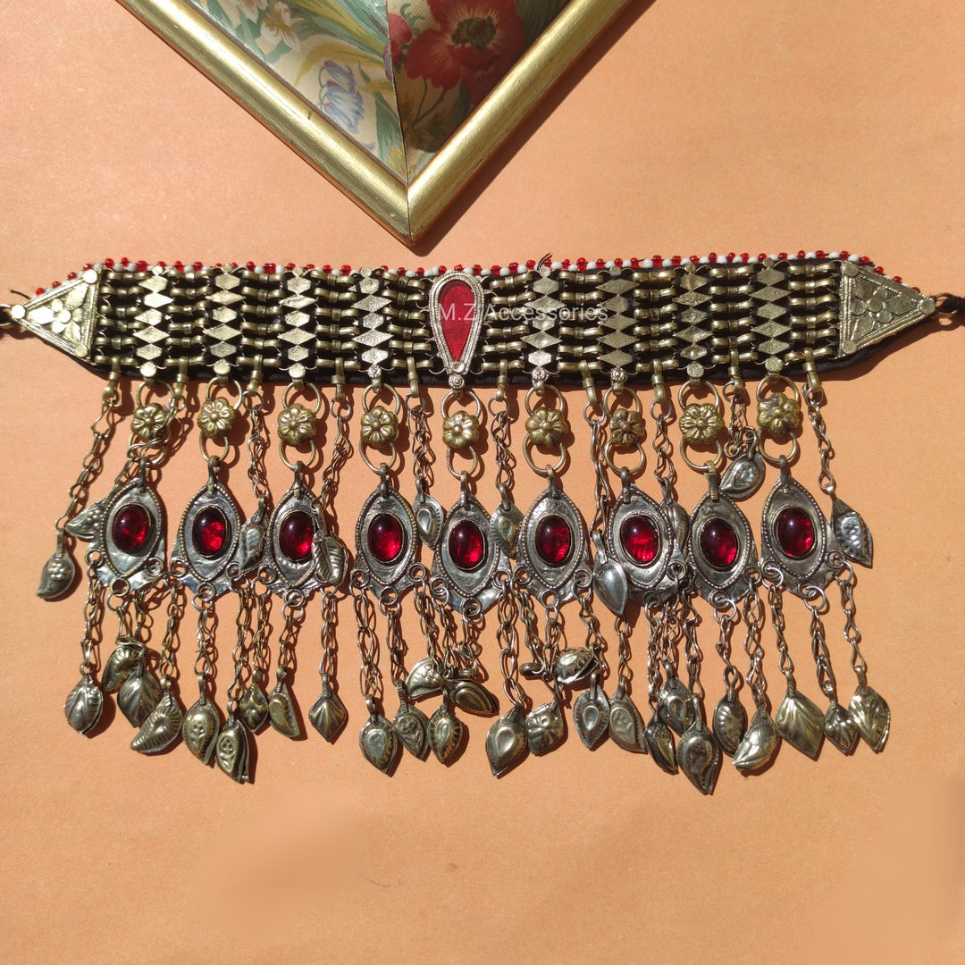 Afghan vintage heavy choker with rubi glass stone