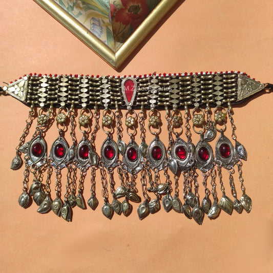 Afghan vintage heavy choker with rubi glass stone